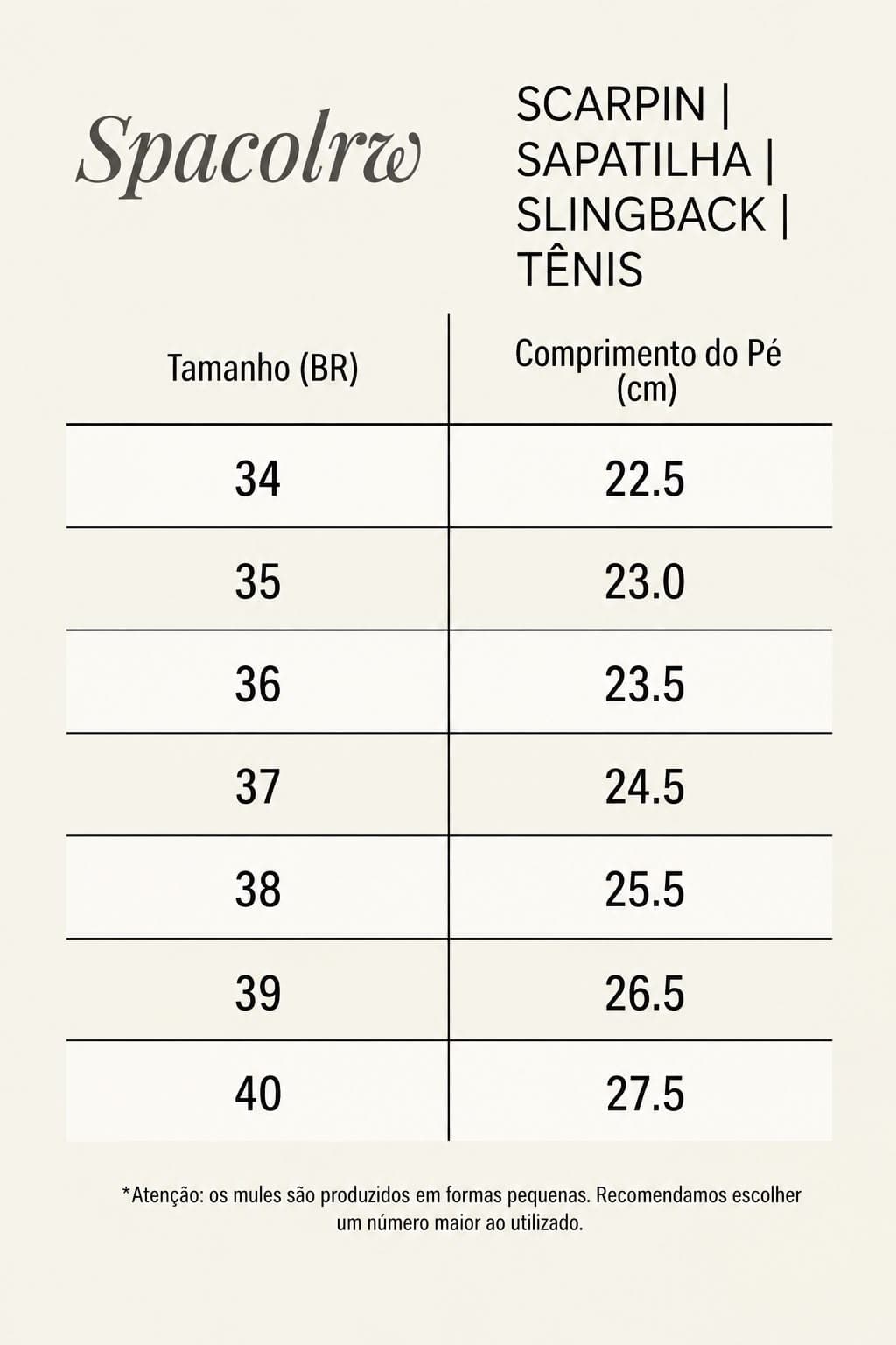 Tabela de medidas: tamanhos 34 a 40 correspondem a comprimentos de pé de 22,5 a 27,5 centímetros. Para mules, recomenda-se escolher um número maior.